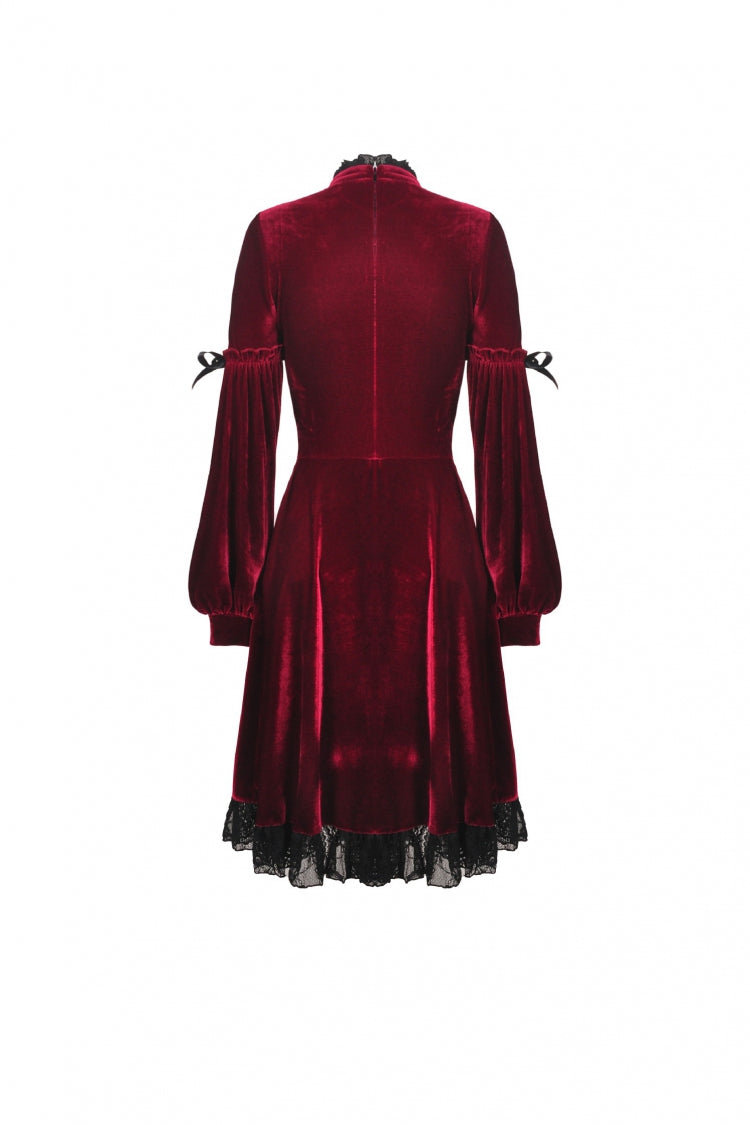 Vintage Long Sleeve Lace Collar Cross Gothic Velvet Dress for Women