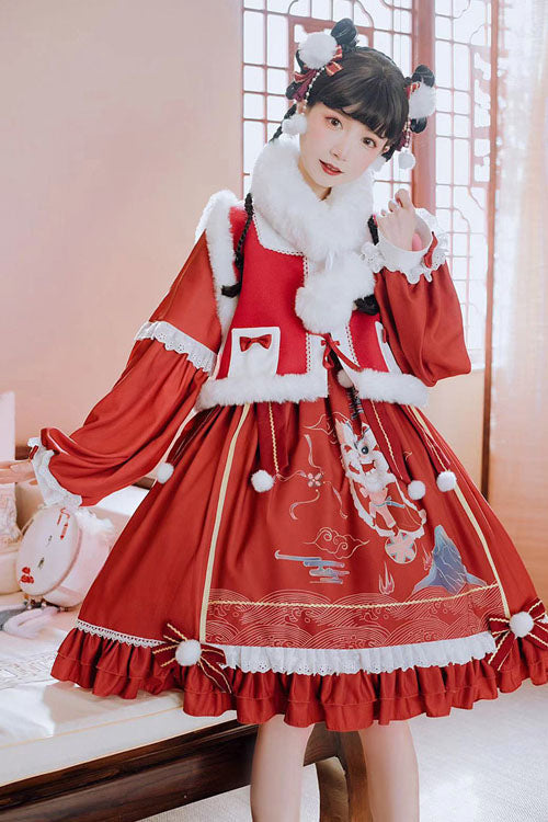Red OP Dress Sweet Lolita Lion Hydrangea Print Bowknot Ruffled - Altfashion Shop