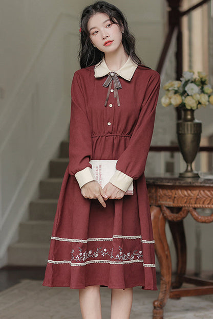 Vintage Lapel Collar Long Sleeve Hem Flower Embroidered High Waist Dress