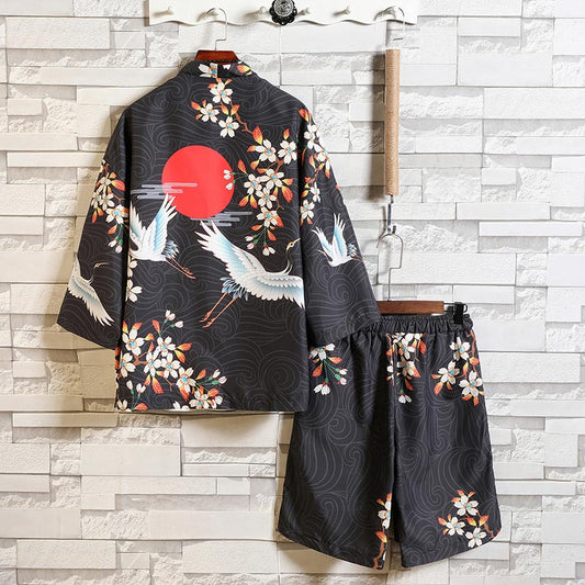 Ensemble cardigan kimono et short à motif floral et grue