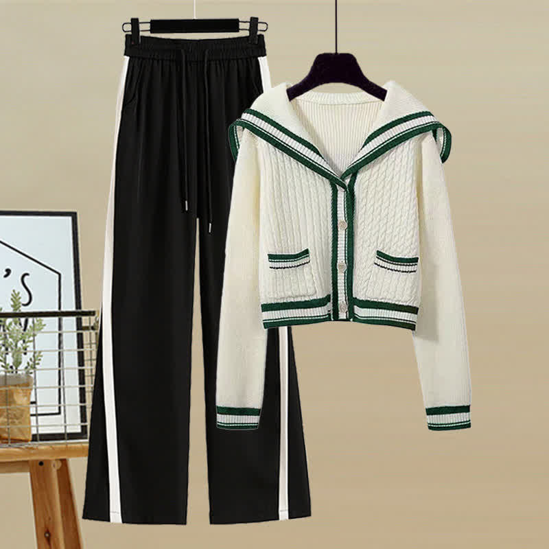 Sailor Collar Cable Sweater Casual Pants Pleated Skirt Set