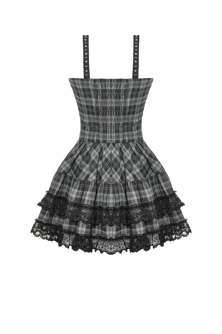 Charcoal Layered Lace Hem Plaid Slip Dress - Punk Party Attire