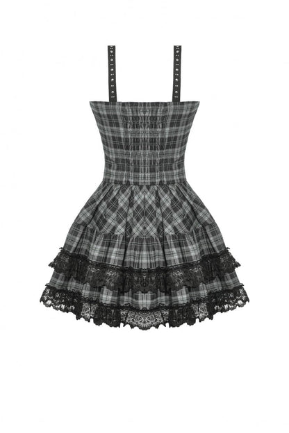 Charcoal Layered Lace Hem Plaid Slip Dress - Punk Party Attire