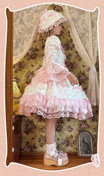 Pink Bow Accents White High Waist Sweet Princess Lolita Dress with Detachable Sleeves