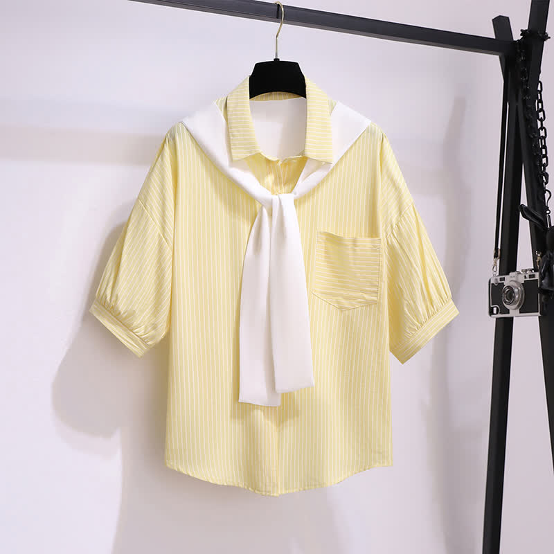 Chic Shorts Pocket Lapel T-Shirt Stripe Denim Ripped