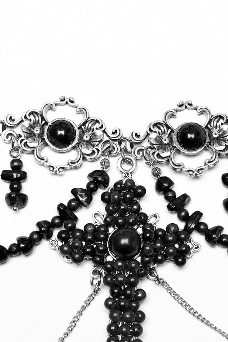 Beaded Cross Black Asymmetric Punk Necklace Women's