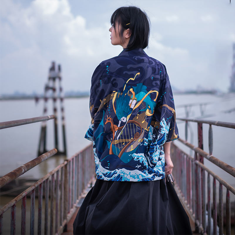 Lockere Strickjacke mit Kimono-Oberbekleidung im Anime-Meeres-Print