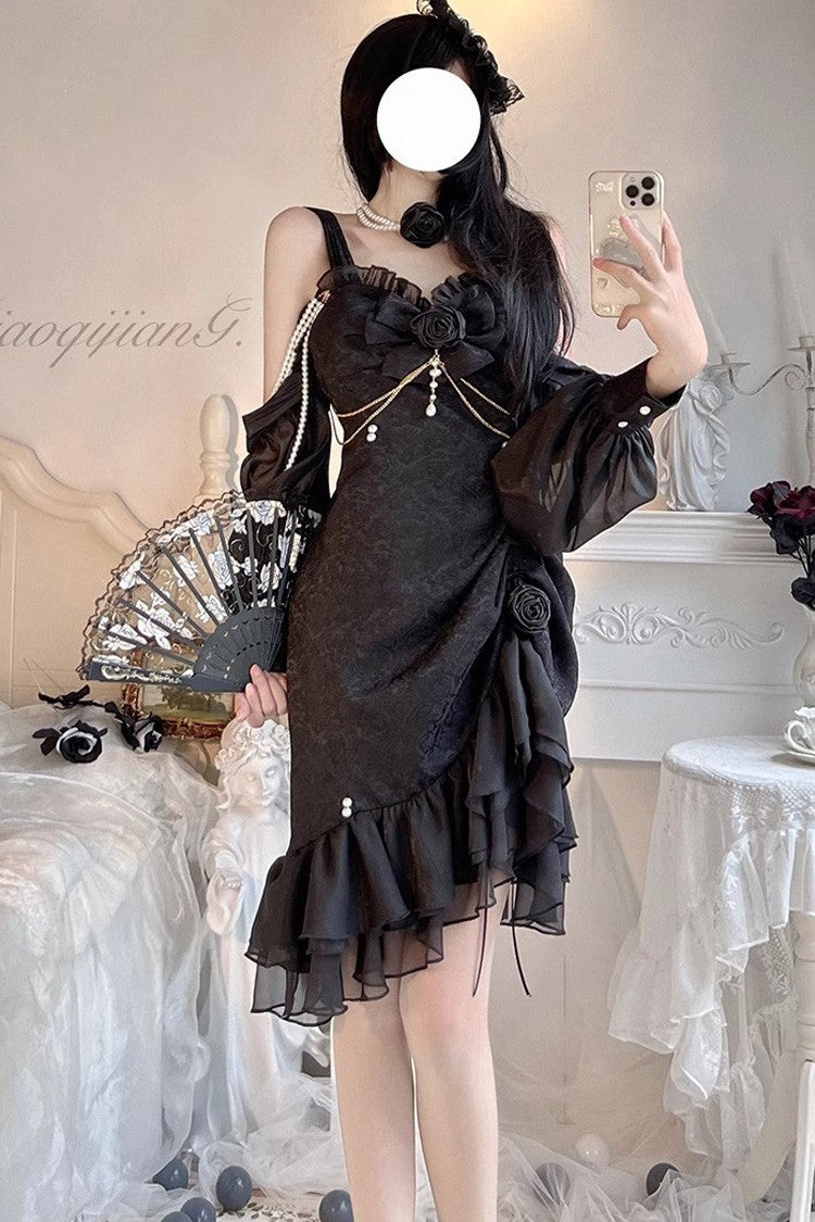 Camellia Rose Asymmetric Ruffled Gothic Chinese Elegant Lolita JSK Dress in Three Colors