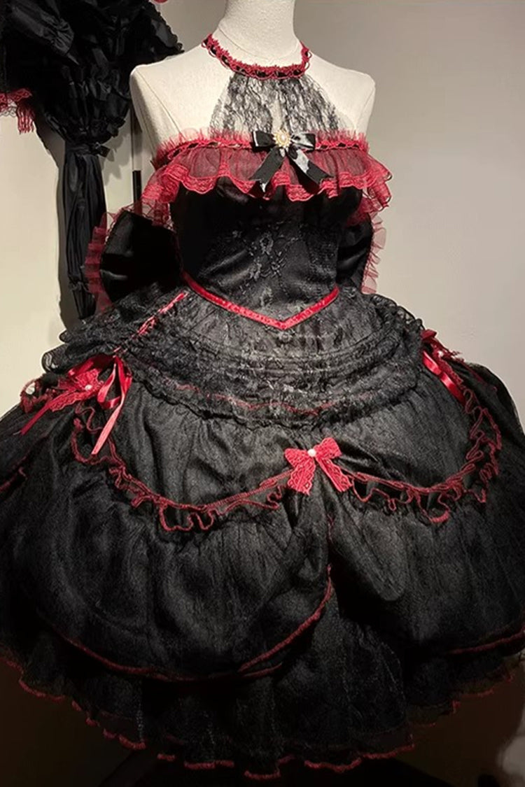 Layered Poem Halterneck Jacquard Lolita Dress with Bow - Noir
