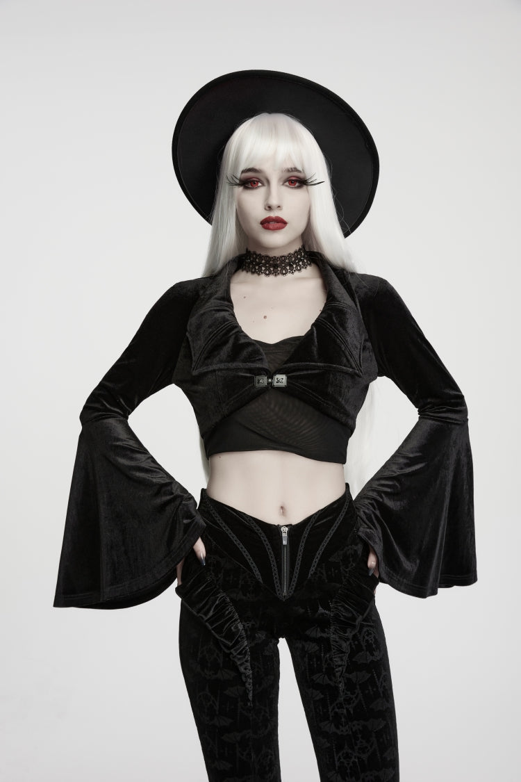 Gothic Short Jacket for Her with Velvet Bat Wing Collar and Flare Sleeves