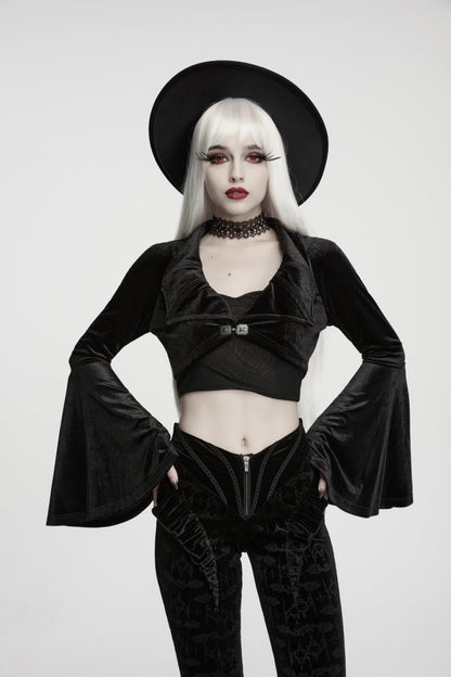 Gothic Short Jacket for Her with Velvet Bat Wing Collar and Flare Sleeves