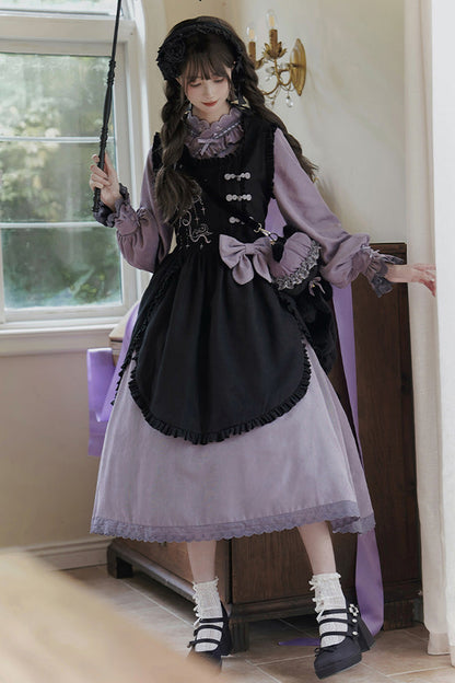 Black Purple Petal Collar Drawstring Chinese Lolita Set