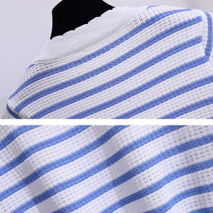 Skirt Stripe High Waist Denim Blue T-Shirt Knitted