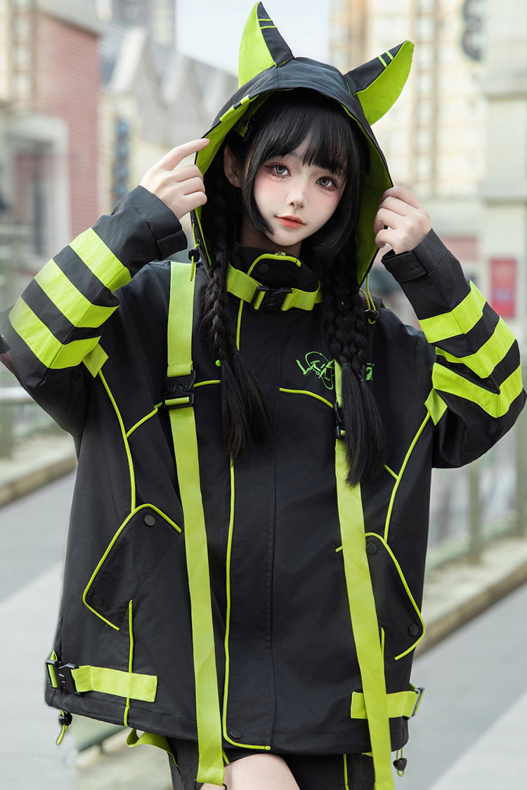 Cat Ear Hooded Jirai Kei Long Sleeve Coat in Yellow Green Black