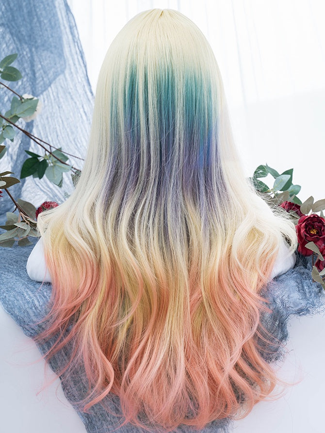 Rainbow Color Long Wavy Synthetic Wig With Curtain Bangs