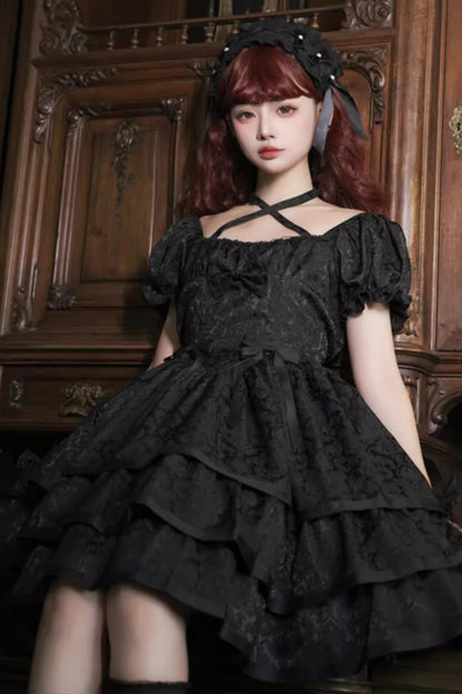 Black Short Sleeve Ruffle Bowknot Dress - Gothic Lolita