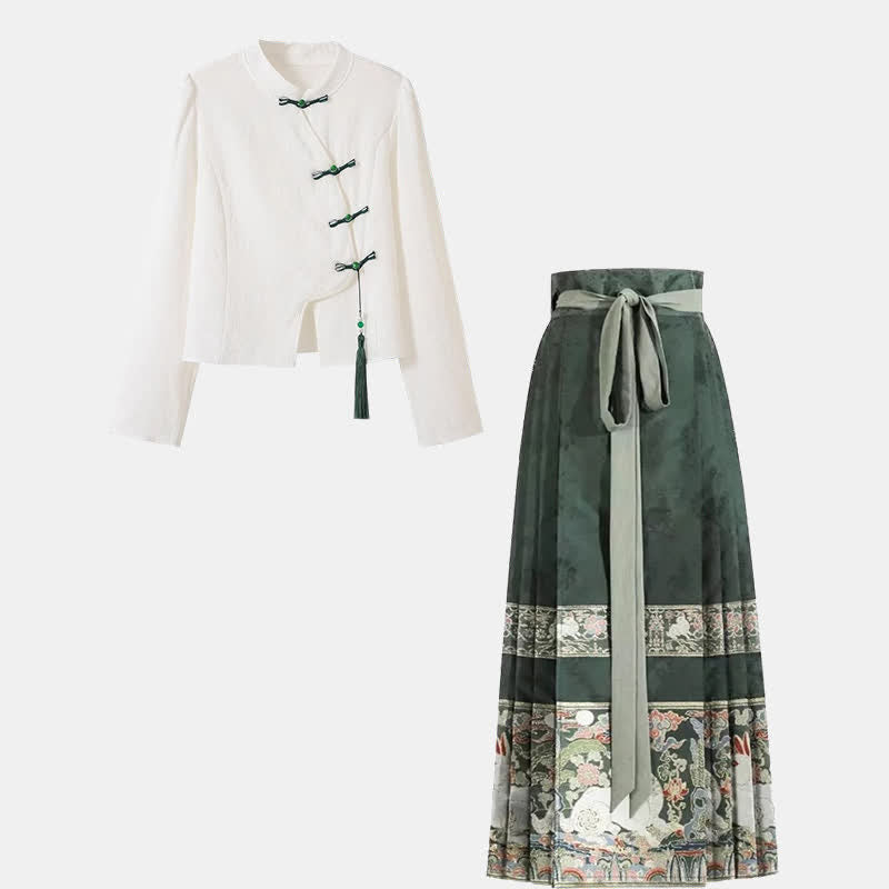 Vintage Buckle Tassel Shirt Green Pleated Skirt