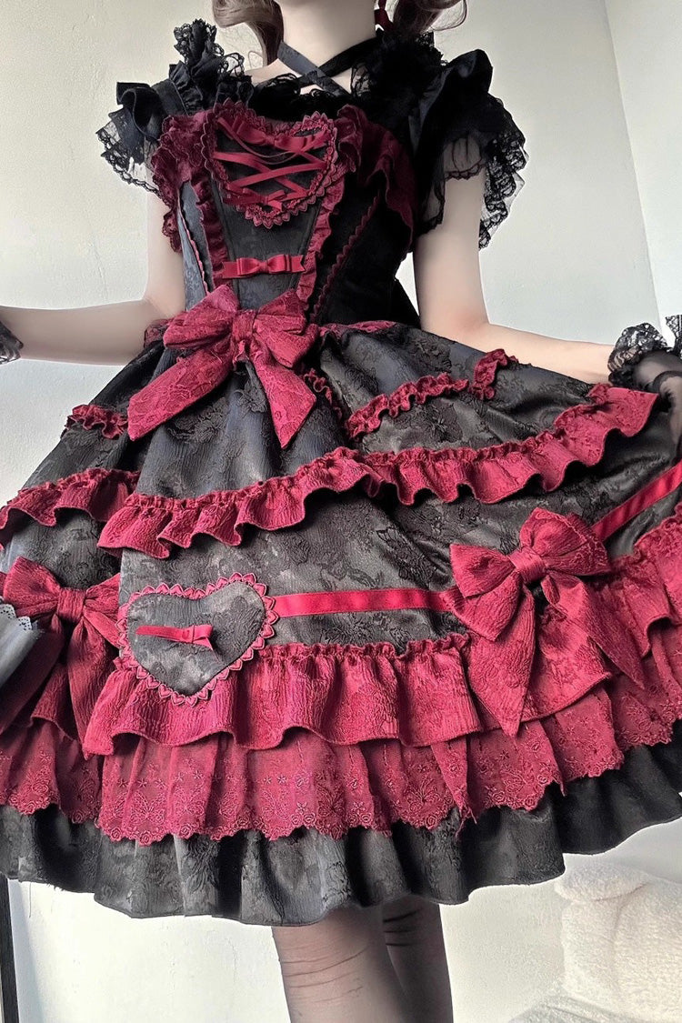 Elegant Gothic JSK Dress with Triple Ruffles and Bow - Noir