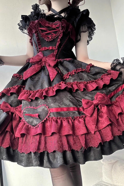 Elegant Gothic JSK Dress with Triple Ruffles and Bow - Noir