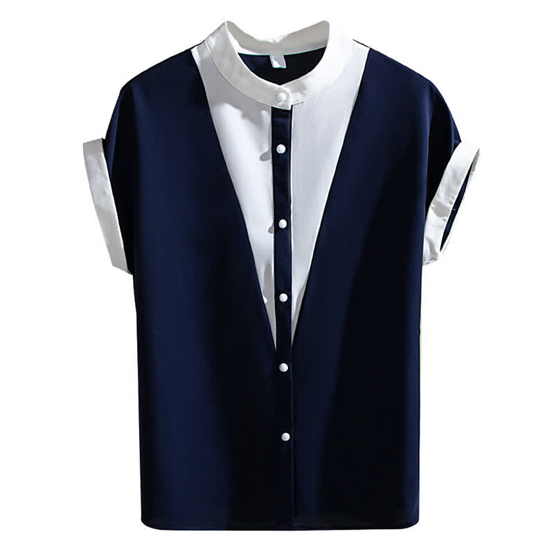 Colorblock Pearl Button Short Sleeve Shirt