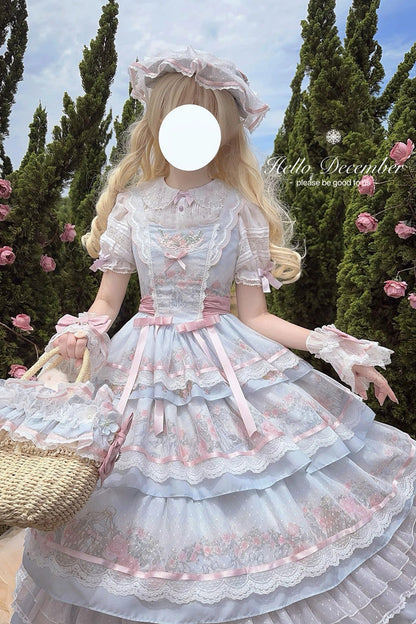 Multicolor Rose Flower Cage Print Triple Ruffle Bow Dress