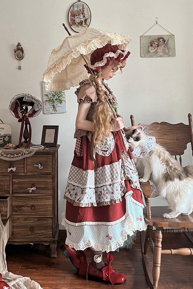 Cherry Pattern Short-Sleeved Ruffled Embroidered Layered Dress