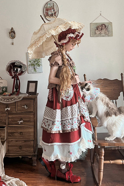 Cherry Pattern Short-Sleeved Ruffled Embroidered Layered Dress