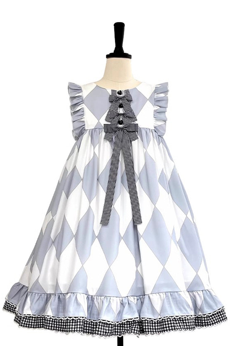 White Blue Sleeveless Diamond Plaid Bow Sweet Lolita JSK Dress