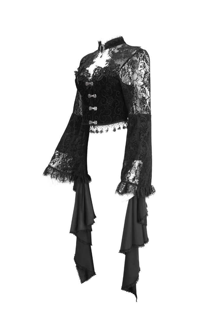 Women's Dark Blouse with Flared Sleeves and Lace Trim