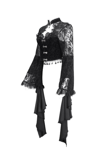 Women's Dark Blouse with Flared Sleeves and Lace Trim