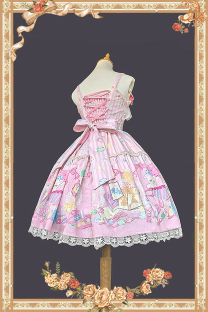 Rose Macarons Dolly House Square Neck Sleeveless Print Bow Sweet Lolita JSK Dress