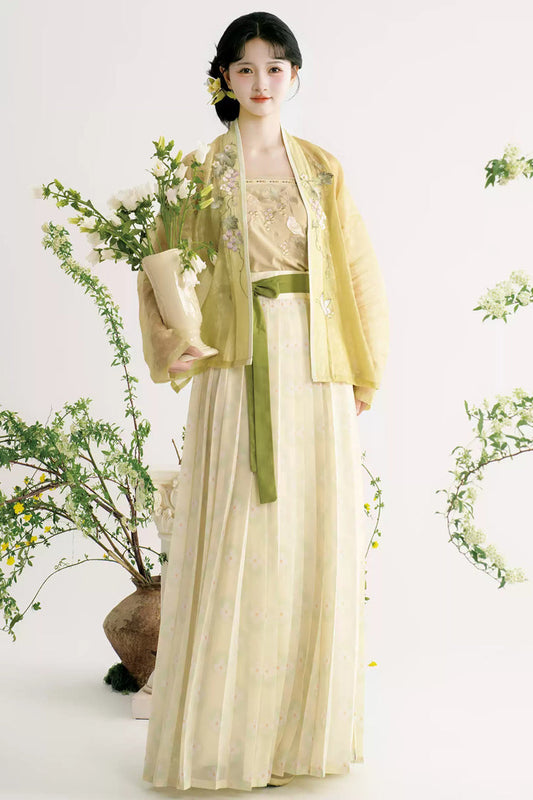 Emerald & Apricot High-Waist Printed Hanfu Ensemble - Grape Butterfly