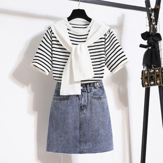 Denim Round Skirt T-Shirt Stripe Collar Chic