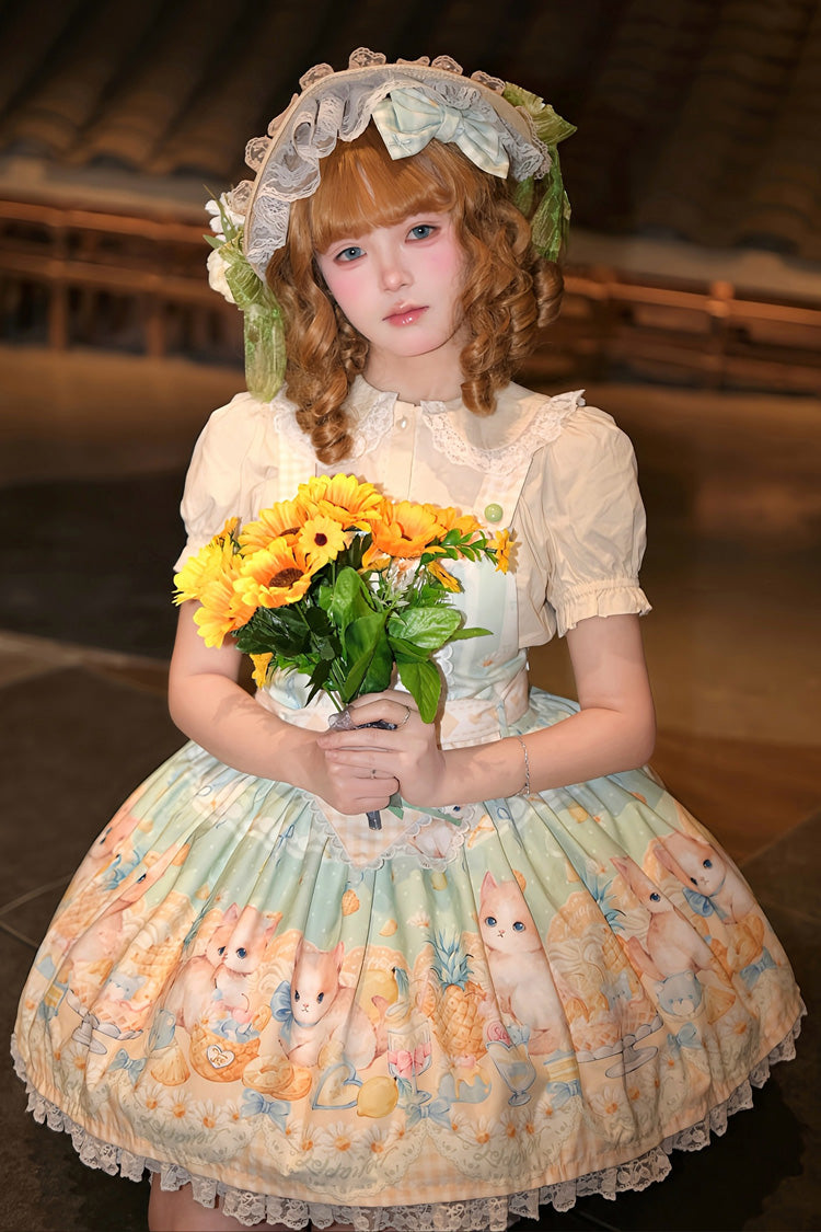 Emerald Pineapple Cat Print Sleeveless Bowknot Lace Sweet Lolita Strap Dress