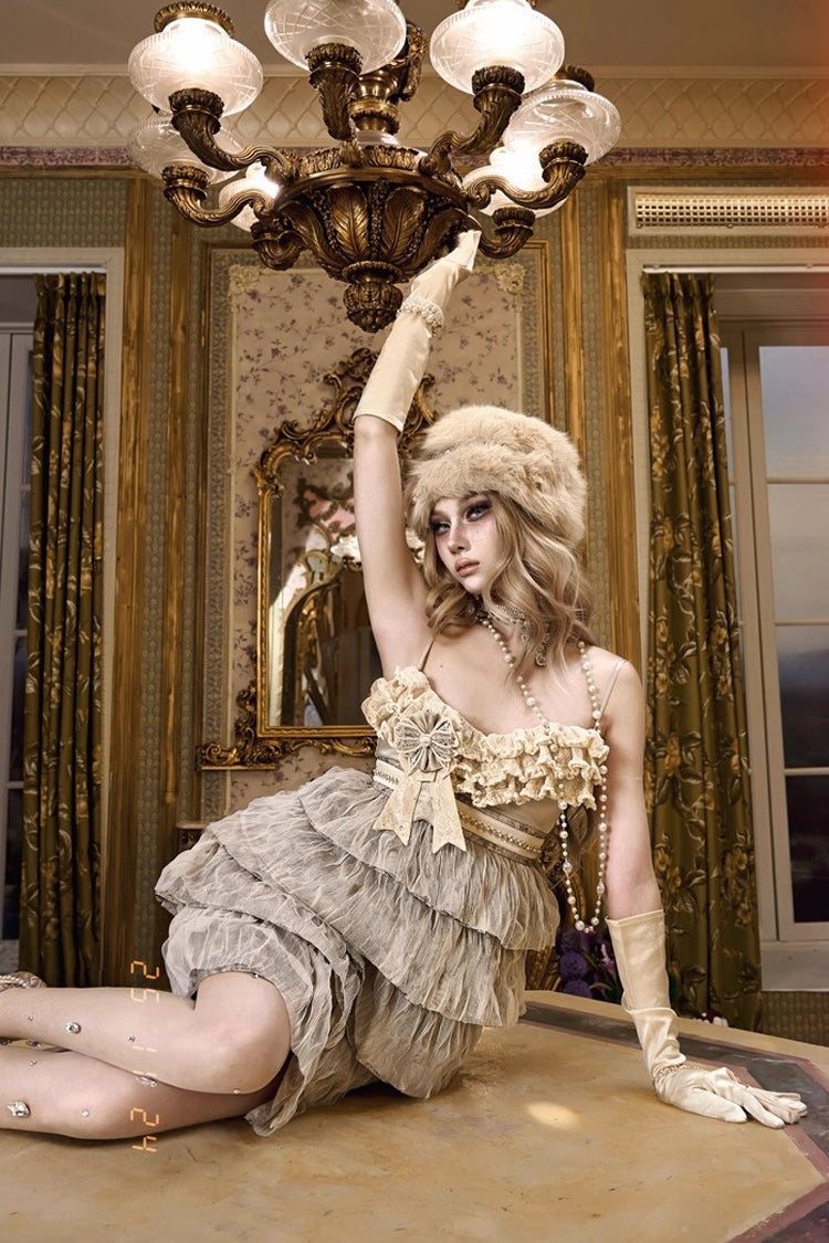 Slavic Noble Lady Sleeveless Multi-Layered Ruffled Bow Sweet Elegant Lolita JSK Dress in Beige