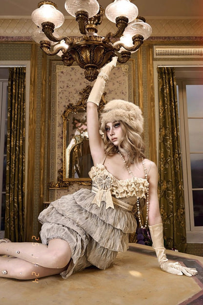 Slavic Noble Lady Sleeveless Multi-Layered Ruffled Bow Sweet Elegant Lolita JSK Dress in Beige