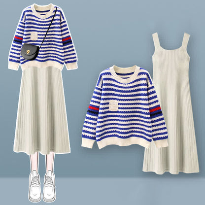 Knit Colorblock Set Stripe Sweater Dress Slip