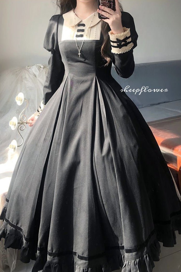 Classic Lolita Dress with Lapel Collar and Ruffle Details