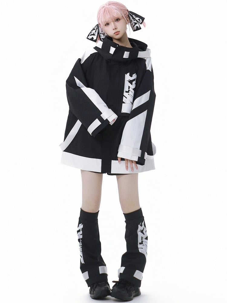 Black and White Jirai Kei Techwear Straps Hooded Windbreaker Jacket