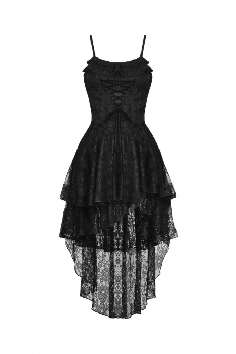 High-Low Multi-Layer Lace Gothic Slip Dress with Lacing - NoirEdge