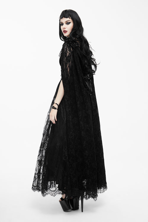 Gothic Women's Long Velvet Dress with Feather Flower Off-Collar and Lace Shawl