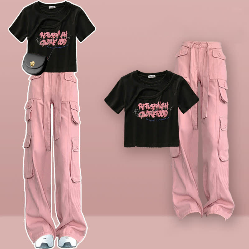 T-shirt court imprimé cœur rose Pantalon cargo rose