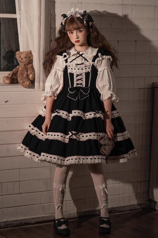 Black Antique Dolls Sweet Lolita Triple-Layered Bowknot JSK Dress