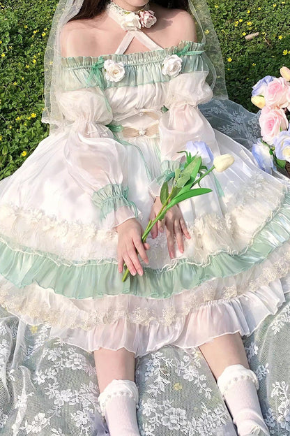 Emerald Ruffled Lace-Up Princess Lolita Dress - Spring Boliya