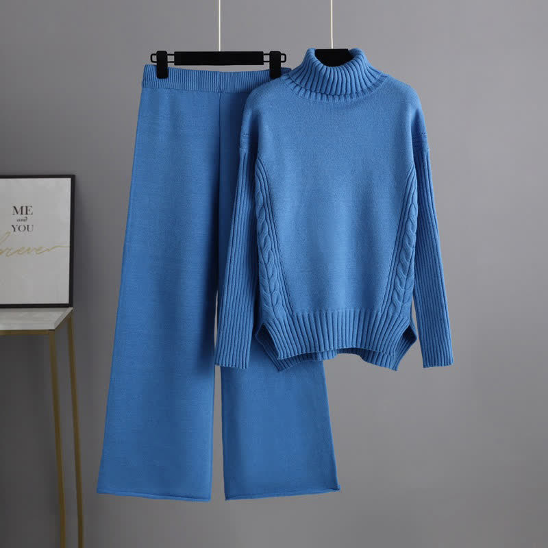 Sweater Cable Color Pants Leg Wide Set Turtleneck Pure