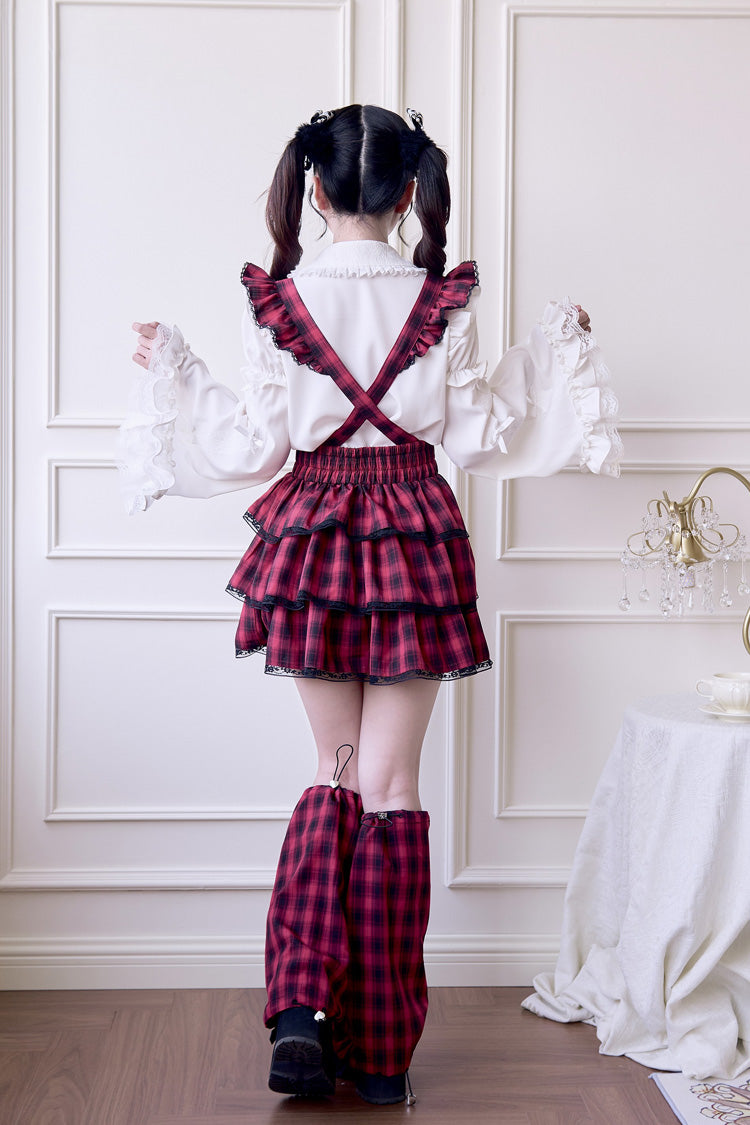 Crimson Three-Tier Tartan Ruffle Goth Jirai Kei Strap Dress