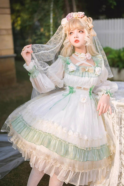 Emerald Ruffled Lace-Up Princess Lolita Dress - Spring Boliya