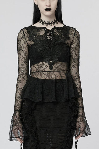 Sheer Lace T-Shirt with Flared Sleeves - Goth Style