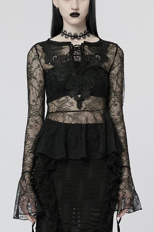 Sheer Lace T-Shirt with Flared Sleeves - Goth Style