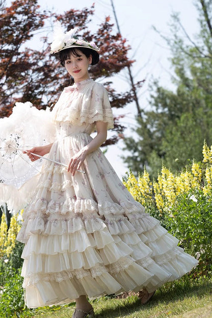 Bellflower Print Ruffled Lace Sweet Princess Gown